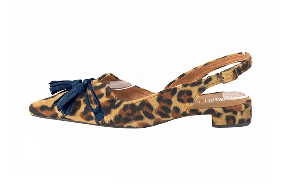 Women's animal print and navy blue elegant slingback heels, with a bow on the front. Pointed toe. Flat flare heels - Profile view